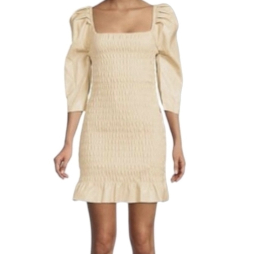 7 For All Mankind Smocked Faux Leather Mini Dress Sz.M NWT Cream